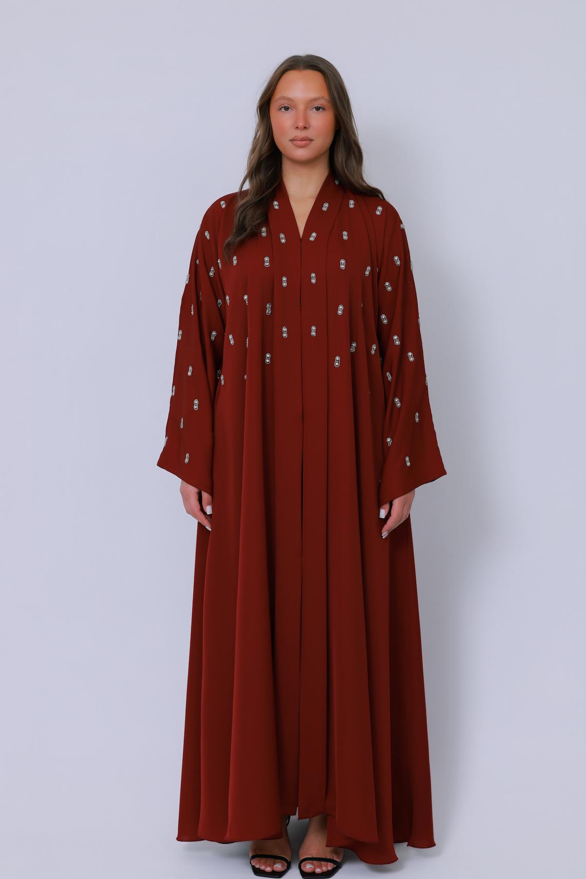 Rode open abaya voor dames, full length met elegant borduurwerk, stijlvolle modest fashion
