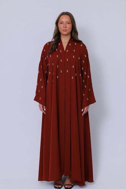 Rode open abaya voor dames, full length met elegant borduurwerk, stijlvolle modest fashion
